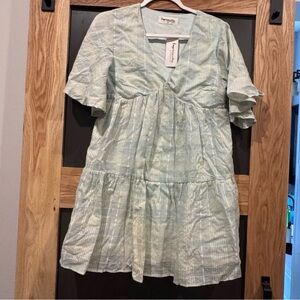 Impressions Sage Green Plaid Babydoll Mini Dress NWT V-Neck Tiered Dress Small
